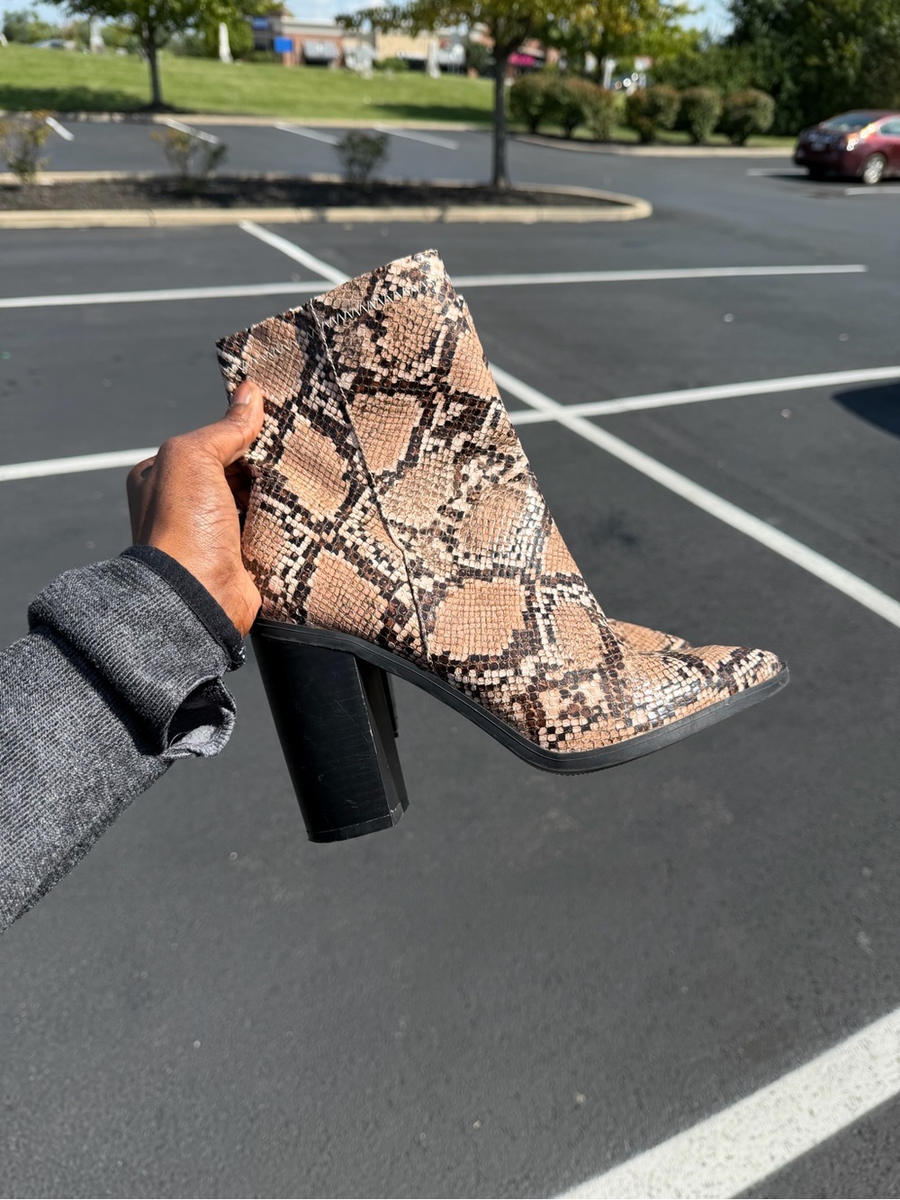 Lulu's Snake-Print Block Heel Ankle Boot in Beige and Brown